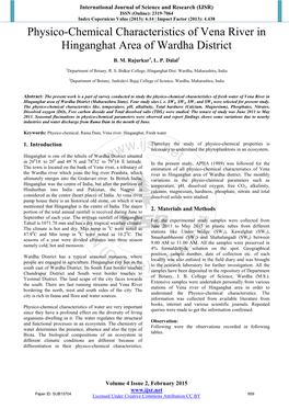 Physico-Chemical Characteristics of Vena River in Hinganghat Area of Wardha District