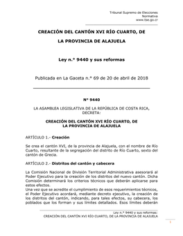 Ley De Creación Del Cantón XVI Río Cuarto, De La Provincia De Alajuela