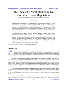 The Impact of Viral Marketing on Corporate Brand Reputation Lawrence Mpele Lekhanya, Durban University of Technology, South Africa