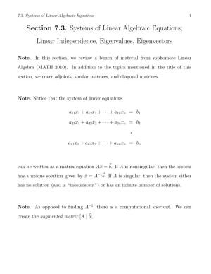Section 7.3. Systems of Linear Algebraic Equations; Linear Independence, Eigenvalues, Eigenvectors