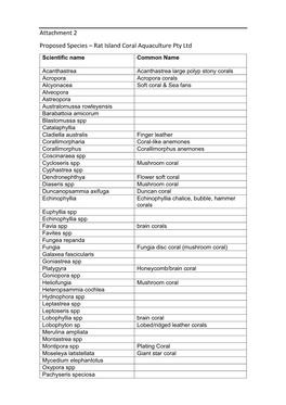 Attachment 2 Proposed Species – Rat Island Coral Aquaculture Pty Ltd