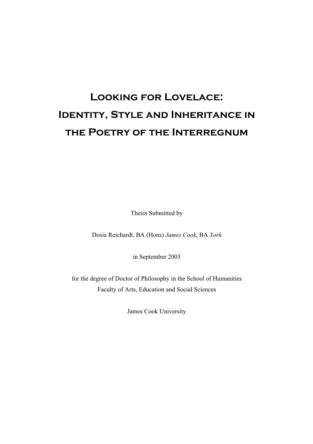 Looking for Lovelace: Identity, Style and Inheritance in the Poetry of the Interregnum