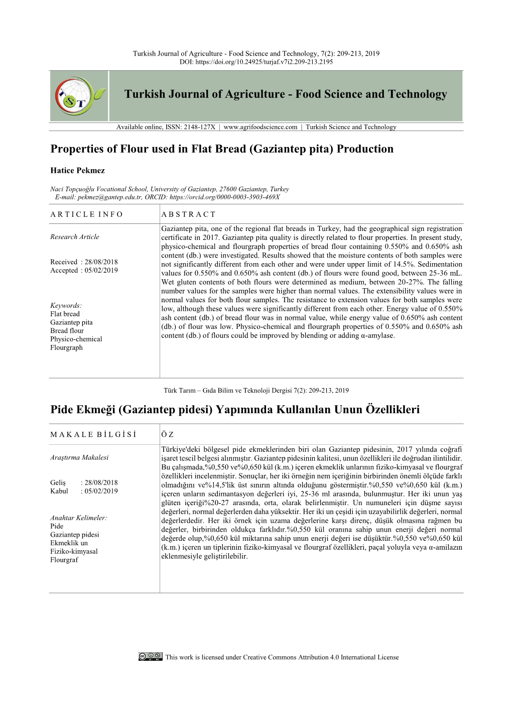 Properties of Flour Used in Flat Bread (Gaziantep Pita) Production