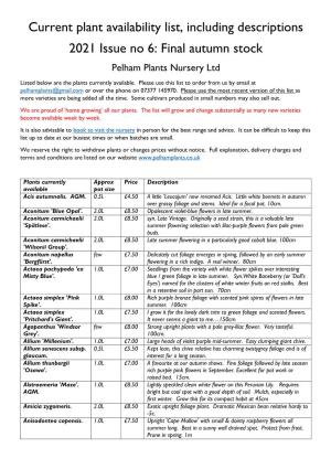 Current Plant Availability List, Including Descriptions 2021 Issue No 6: Final Autumn Stock Pelham Plants Nursery Ltd