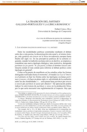 La Tradición Del Partimen Gallego-Portugués Y La Lírica Románica*