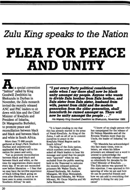 Zulu King Speaks to the Nation PLEA for PEACE and UNITY