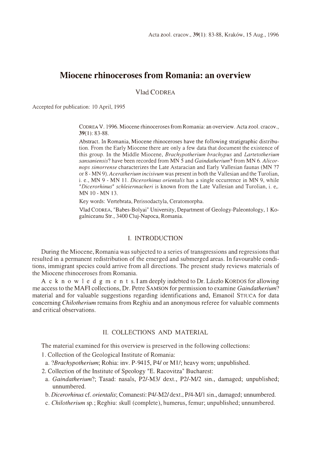 Miocene Rhinoceroses from Romania: an Overview