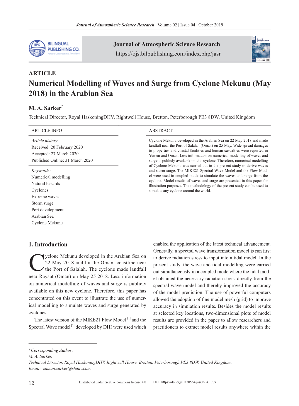 Numerical Modelling of Waves and Surge from Cyclone Mekunu (May 2018) in the Arabian Sea