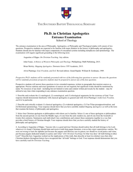 Ph.D. in Christian Apologetics Entrance Examination School of Theology