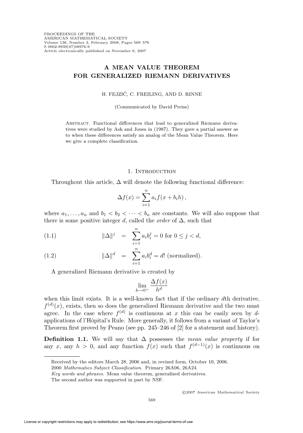 A Mean Value Theorem for Generalized Riemann Derivatives