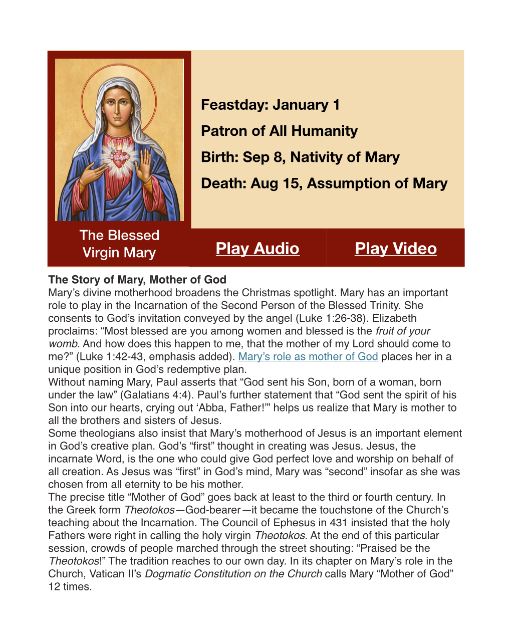 The Blessed Virgin Mary Play Audio Play Video