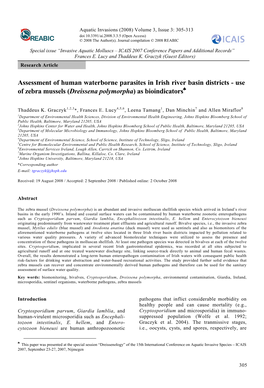 Assessment of Human Waterborne Parasites in Irish River Basin Districts - Use of Zebra Mussels (Dreissena Polymorpha) As Bioindicators