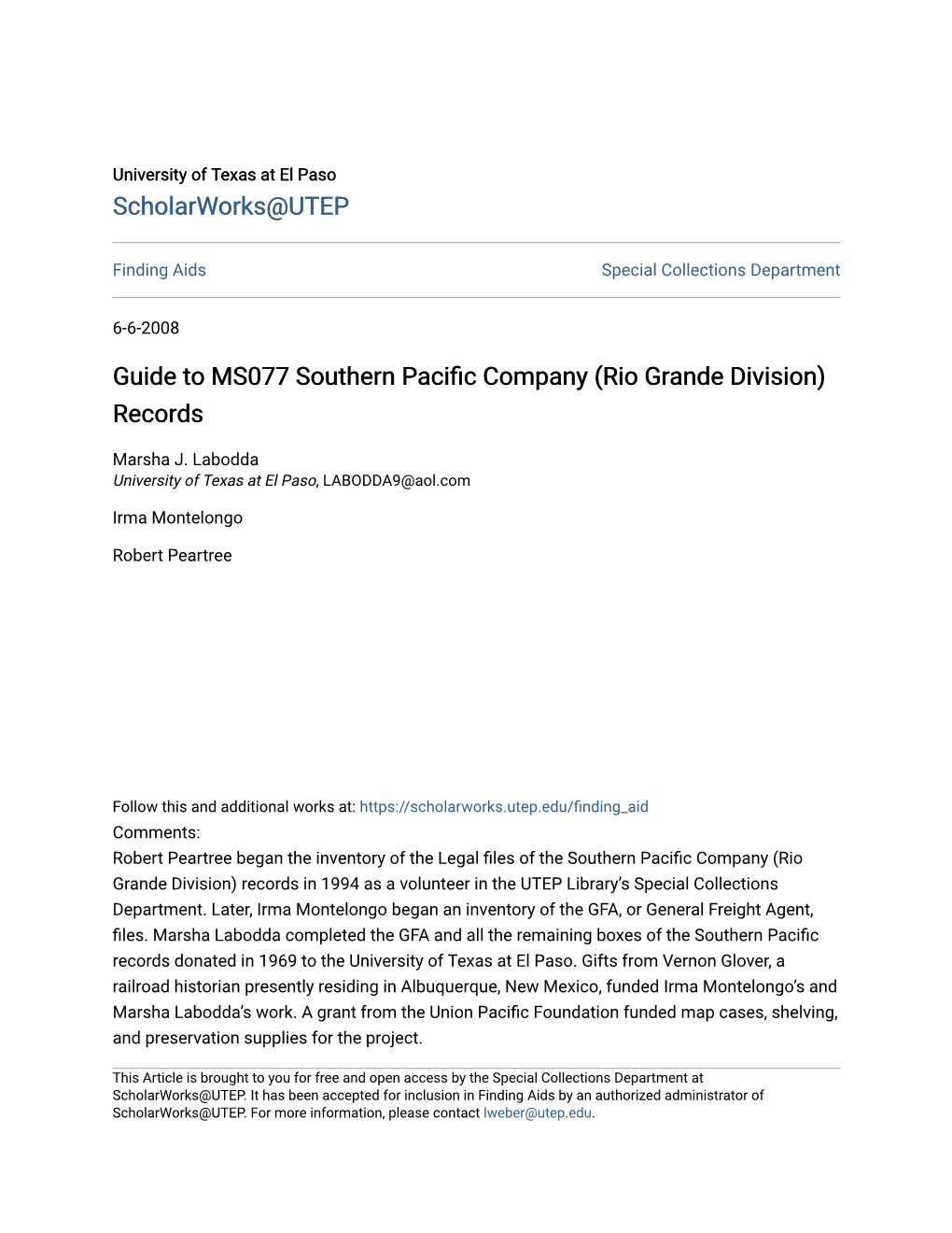 Guide to MS077 Southern Pacific Company (Rio Grande Division) Records