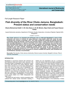 Fish Diversity of the River Choto Jamuna, Bangladesh: Present Status and Conservation Needs