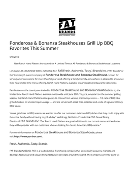 Ponderosa & Bonanza Steakhouses Grill up BBQ Favorites This Summer