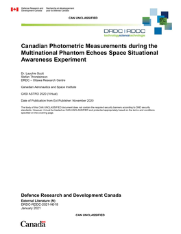 Canadian Photometric Measurements During the Multinational Phantom Echoes Space Situational Awareness Experiment