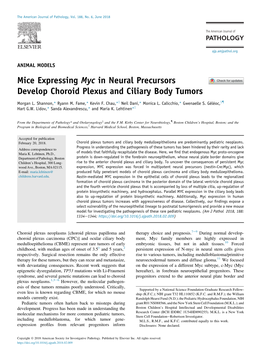 Mice Expressing Myc in Neural Precursors Develop Choroid Plexus and Ciliary Body Tumors
