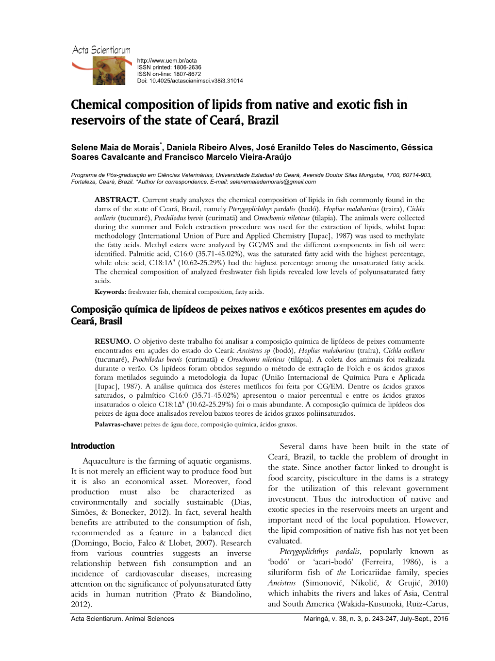 Chemical Composition of Lipids from Native and Exotic Fish in Reservoirs of the State of Ceará, Brazil