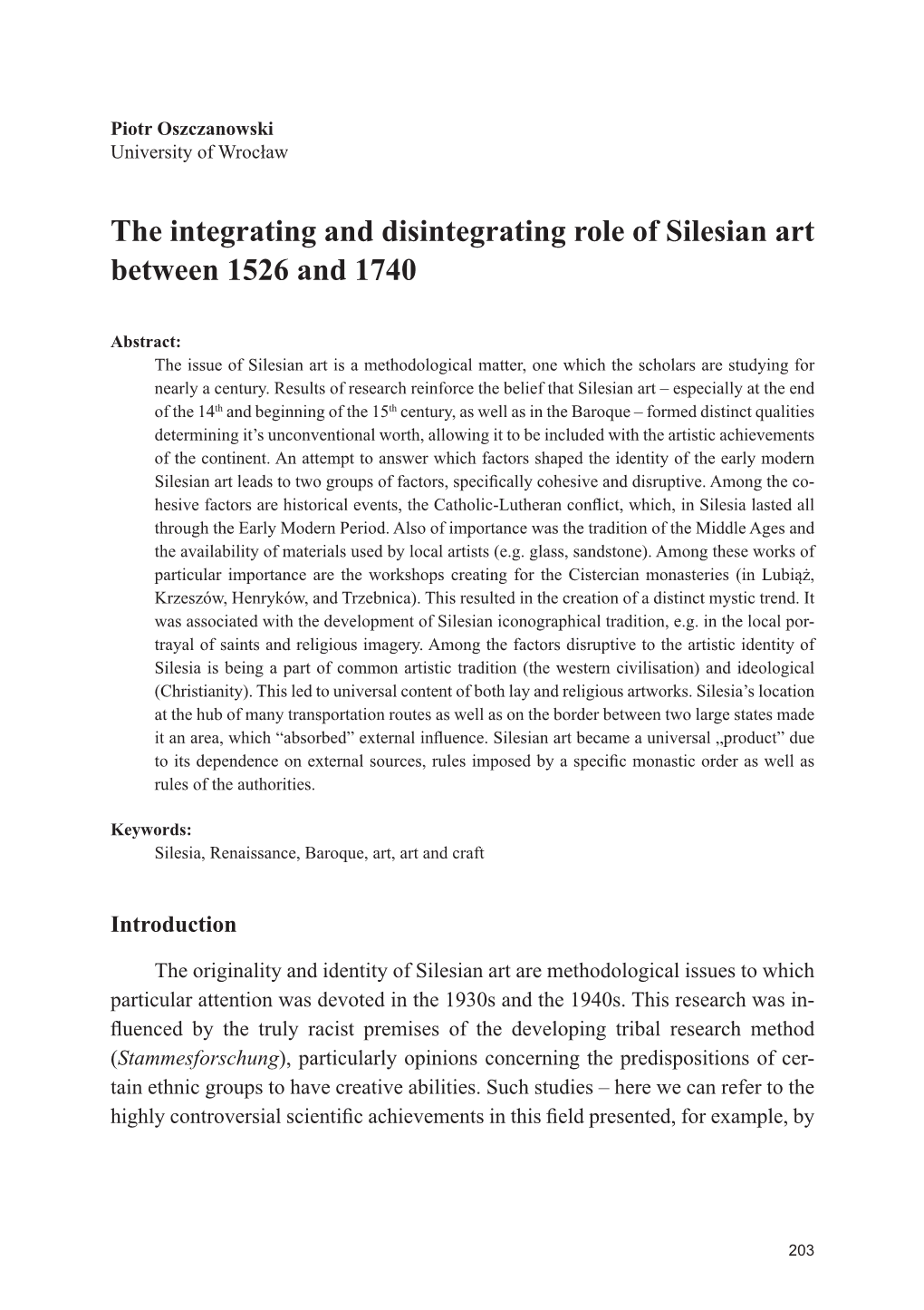 The Integrating and Disintegrating Role of Silesian Art Between 1526 and 1740