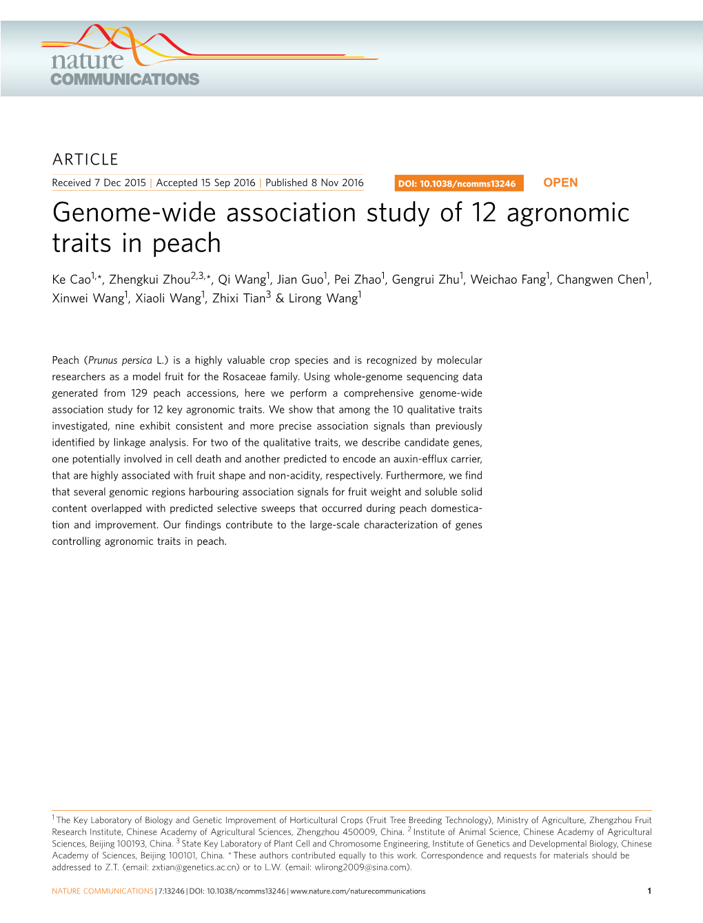 Genome-Wide Association Study of 12 Agronomic Traits in Peach