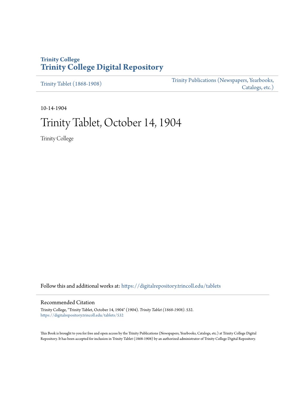 Trinity Tablet, October 14, 1904 Trinity College