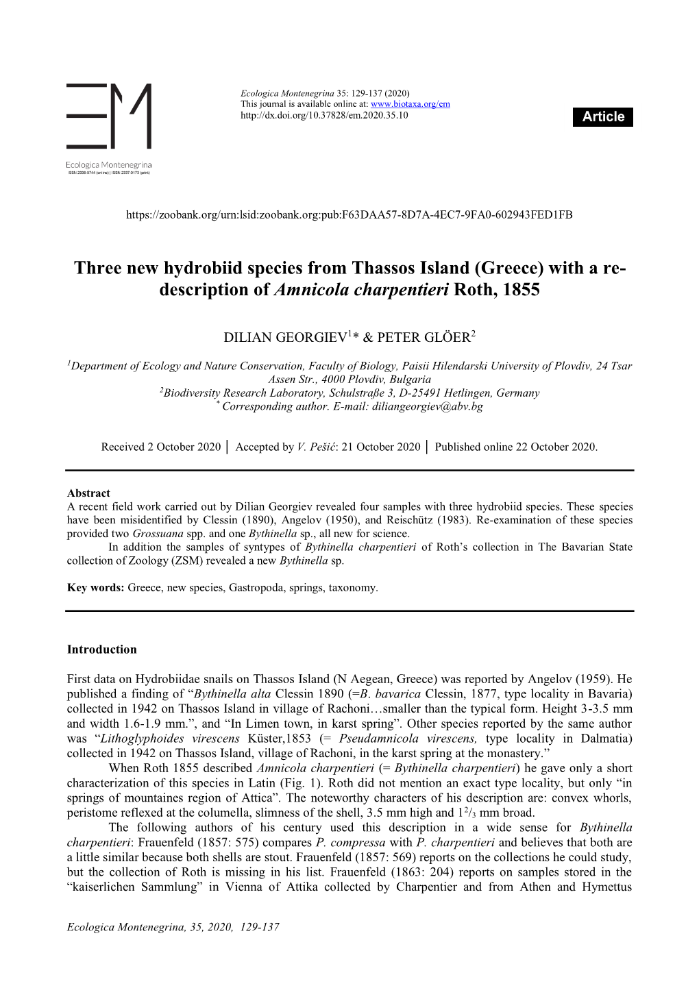 Three New Hydrobiid Species from Thassos Island (Greece) with a Re- Description of Amnicola Charpentieri Roth, 1855