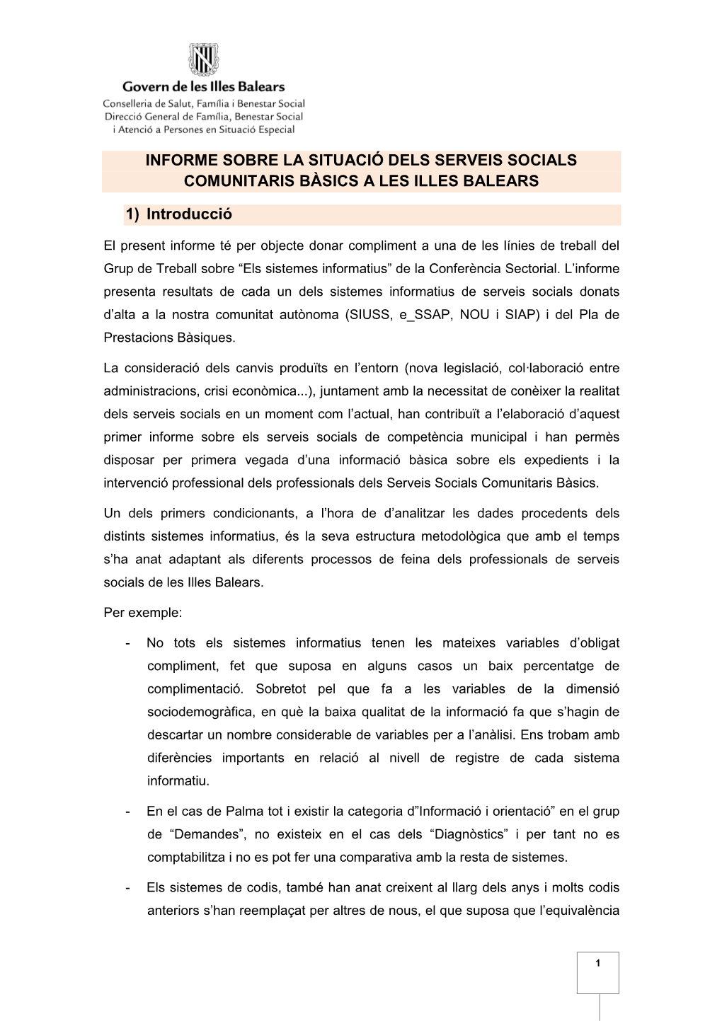 Informe Sobre La Situació Dels Serveis Socials Comunitaris Bàsics a Les Illes Balears