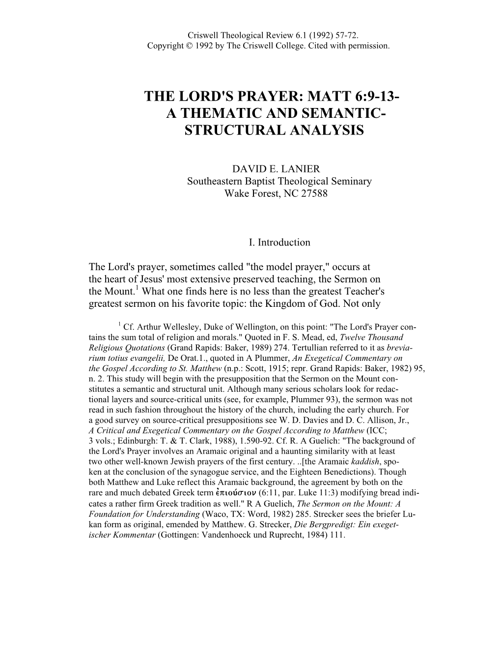 The Lord's Prayer: Matt 6:9-13- a Thematic and Semantic- Structural Analysis