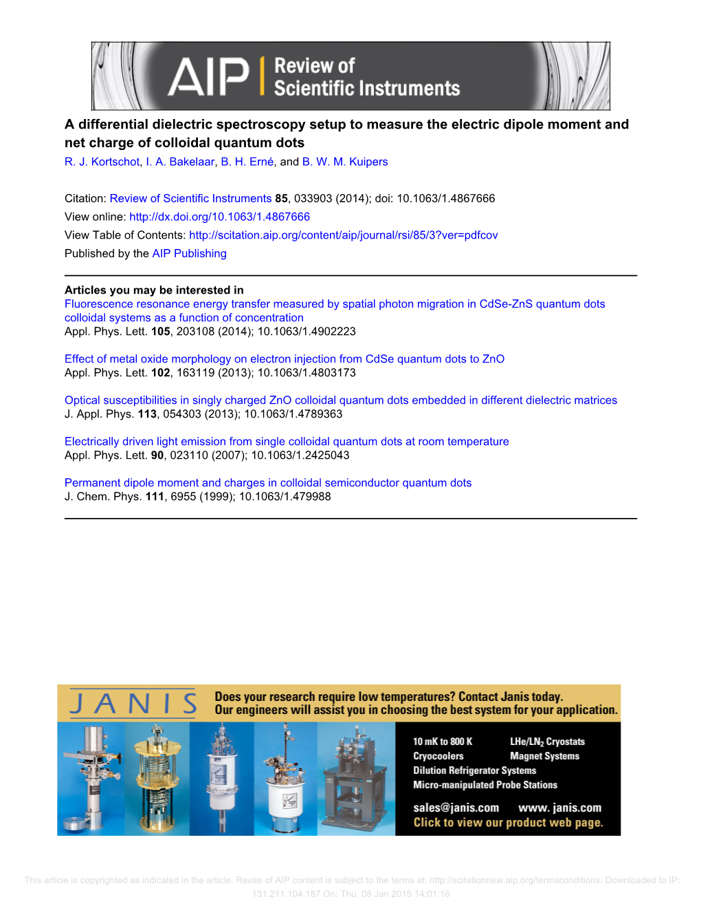 A Differential Dielectric Spectroscopy Setup to Measure the Electric Dipole Moment and Net Charge of Colloidal Quantum Dots R