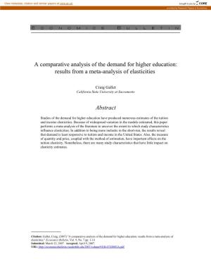 A Comparative Analysis of the Demand for Higher Education: Results from a Meta-Analysis of Elasticities
