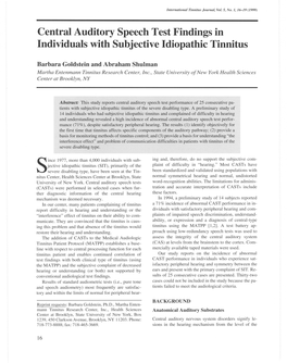 Central Auditory Speech Test Findings in Individuals with Subjective Idiopathic Tinnitus