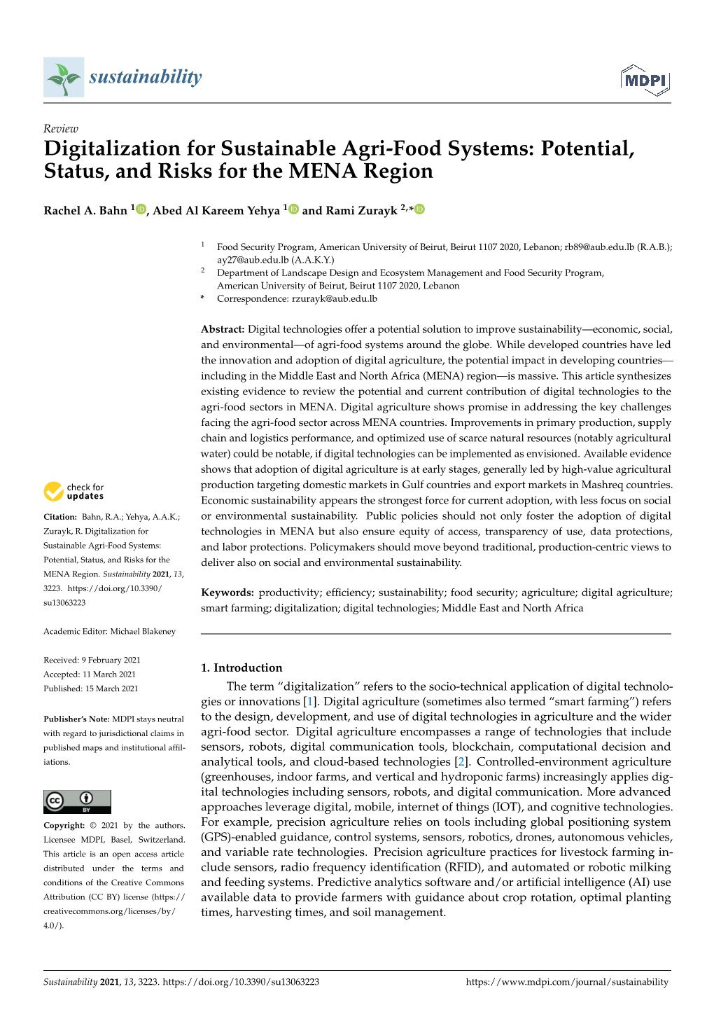 Digitalization for Sustainable Agri-Food Systems: Potential, Status, and Risks for the MENA Region