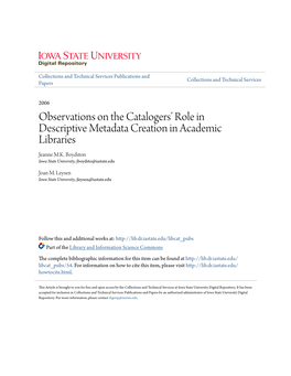 Observations on the Catalogers' Role in Descriptive Metadata Creation In