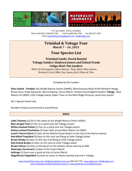Trinidad & Tobago Tour Tour Species List