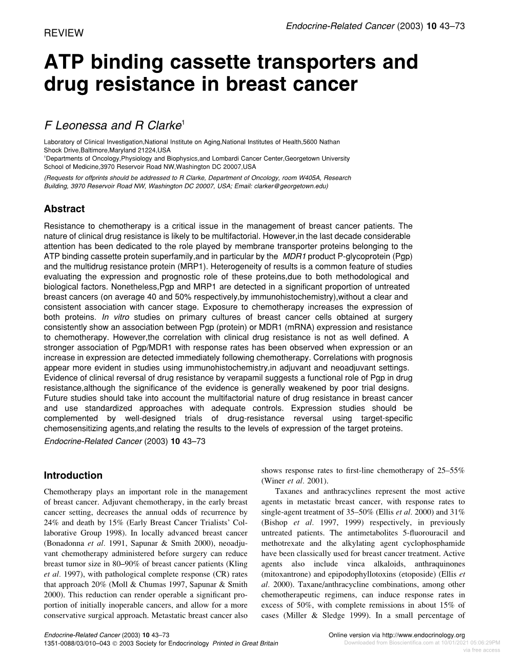 ATP Binding Cassette Transporters and Drug Resistance in Breast Cancer