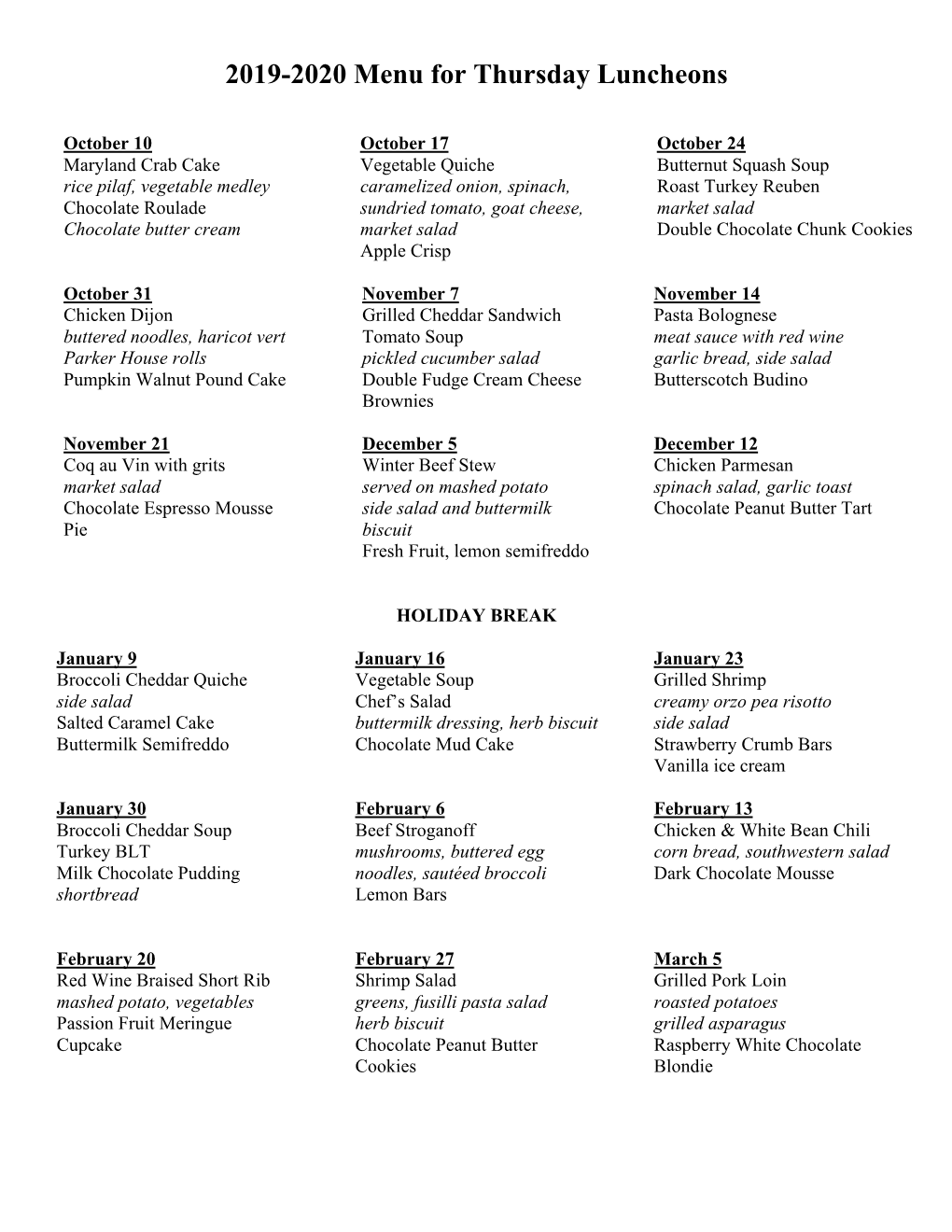 2019-2020 Menu for Thursday Luncheons