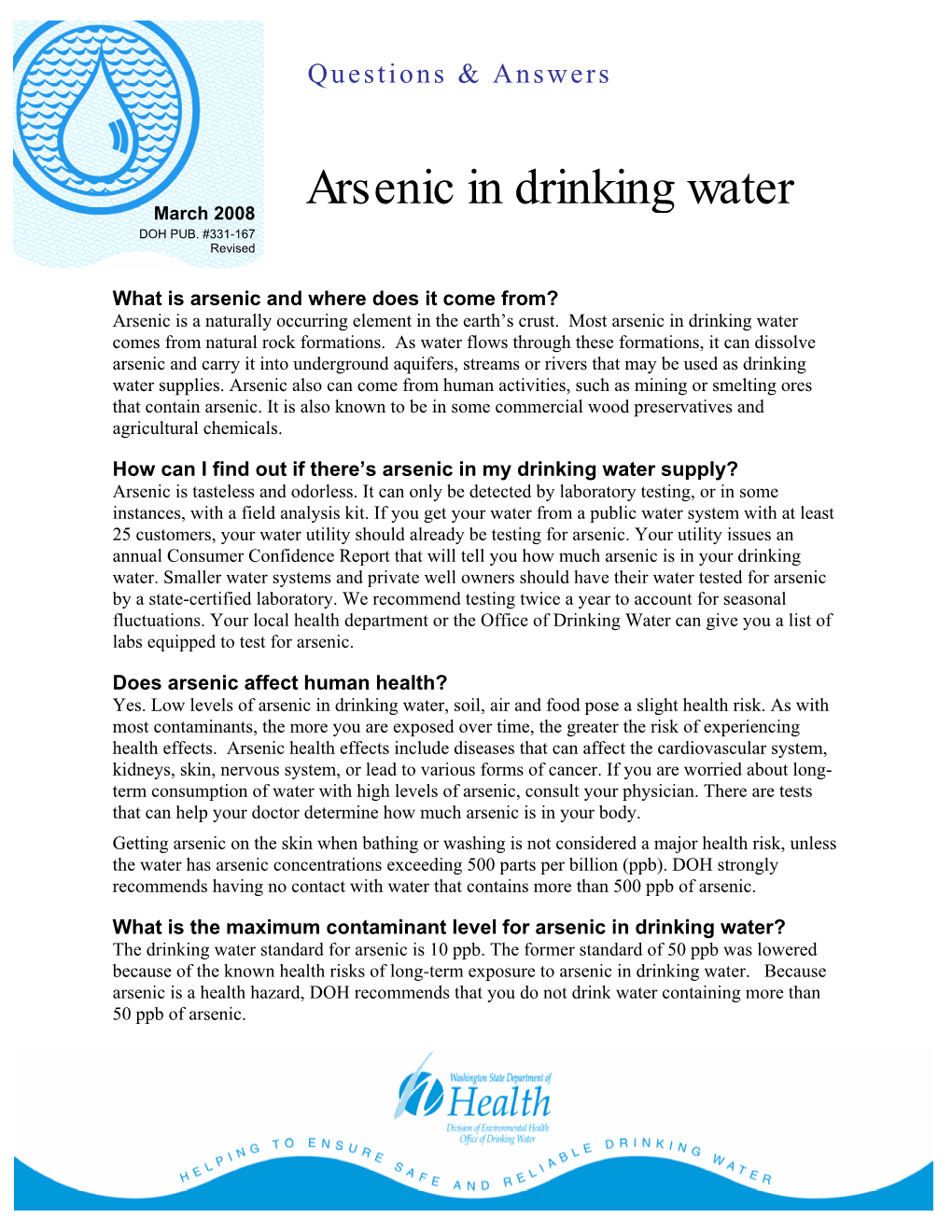 Arsenic in Drinking Water March 2008 DOH PUB