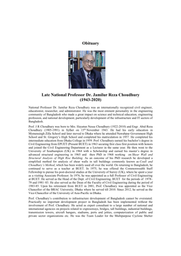Obituary Late National Professor Dr. Jamilur Reza Choudhury