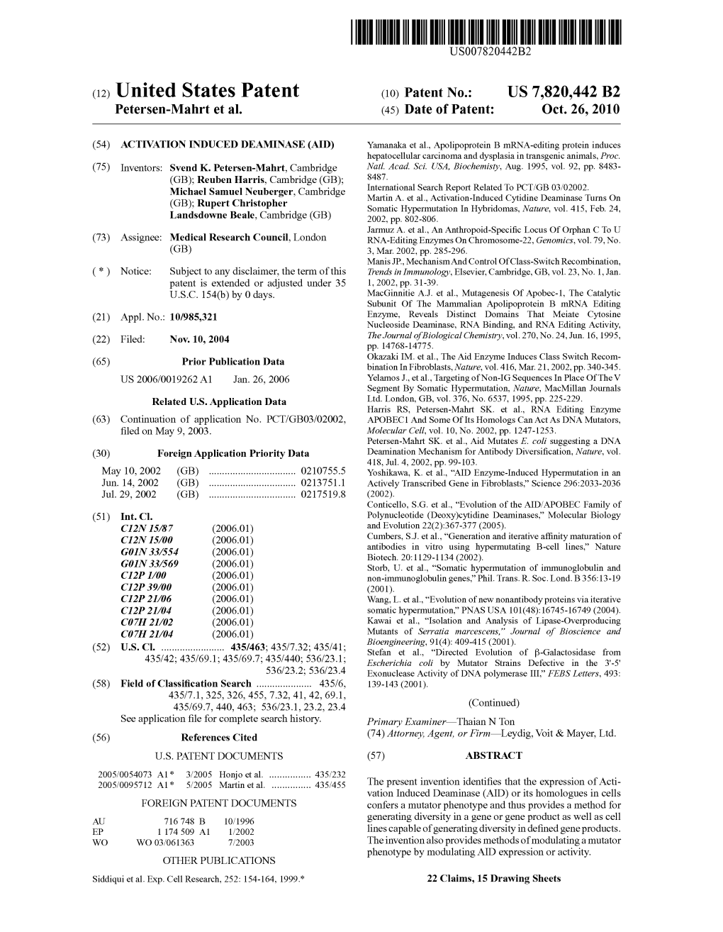 (12) United States Patent (10) Patent No.: US 7820,442 B2 Petersen-Mahrt Et Al