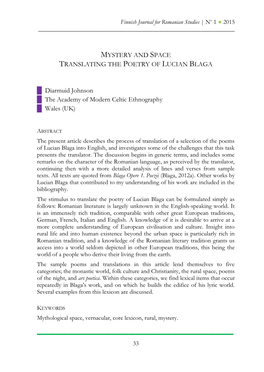 MYSTERY and SPACE TRANSLATING the POETRY of LUCIAN BLAGA Diarmuid Johnson the Academy of Modern Celtic Ethnography