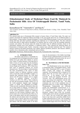 Ethnobotanical Study of Medicinal Plants Used by Malaiyali in Pachaimalai Hills Area of Trichirappalli District, Tamil Nadu, India