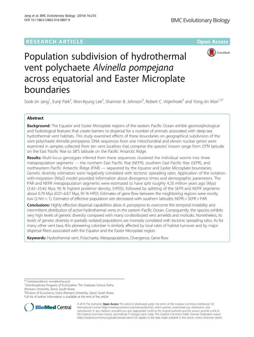 Alvinella Pompejana Across Equatorial and Easter Microplate Boundaries Sook-Jin Jang1, Eunji Park2, Won-Kyung Lee2, Shannon B