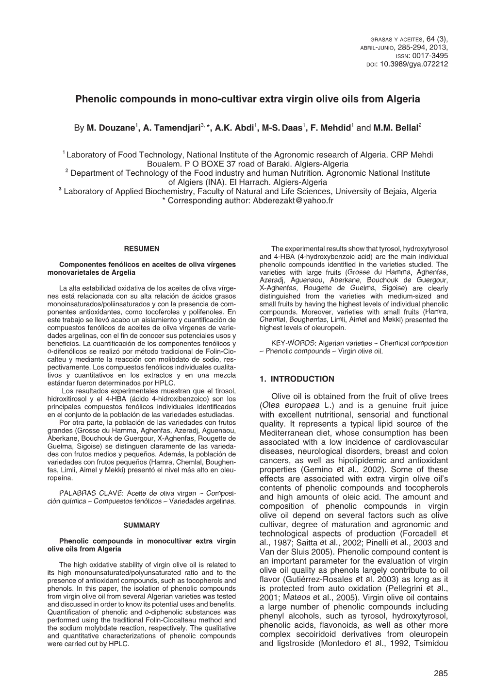 Phenolic Compounds in Mono-Cultivar Extra Virgin Olive Oils from Algeria