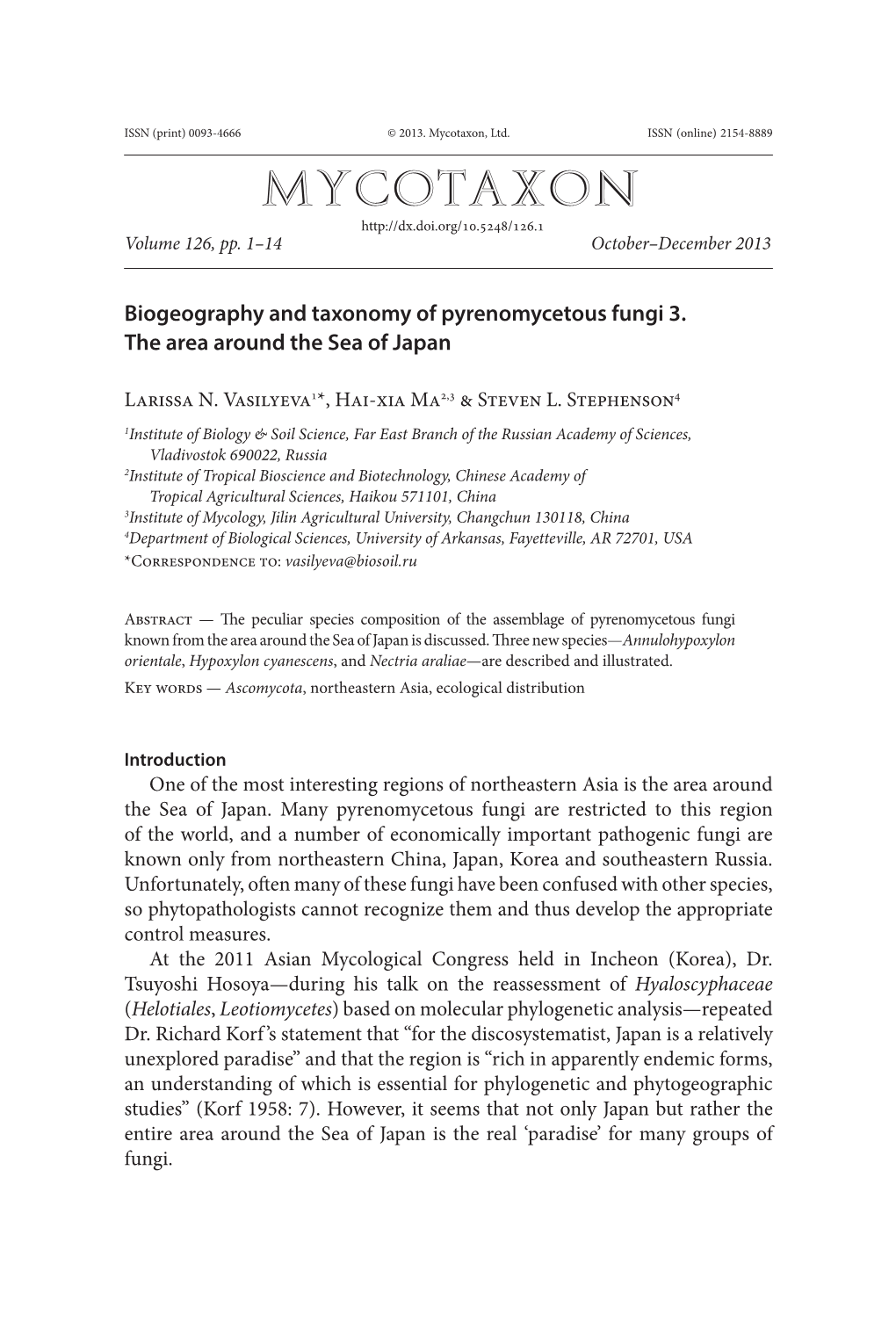 Biogeography and Taxonomy of Pyrenomycetous Fungi 3. the Area Around the Sea of Japan