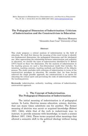 The Pedagogical Dimension of Indoctrination: Criticism of Indoctrination and the Constructivism in Education