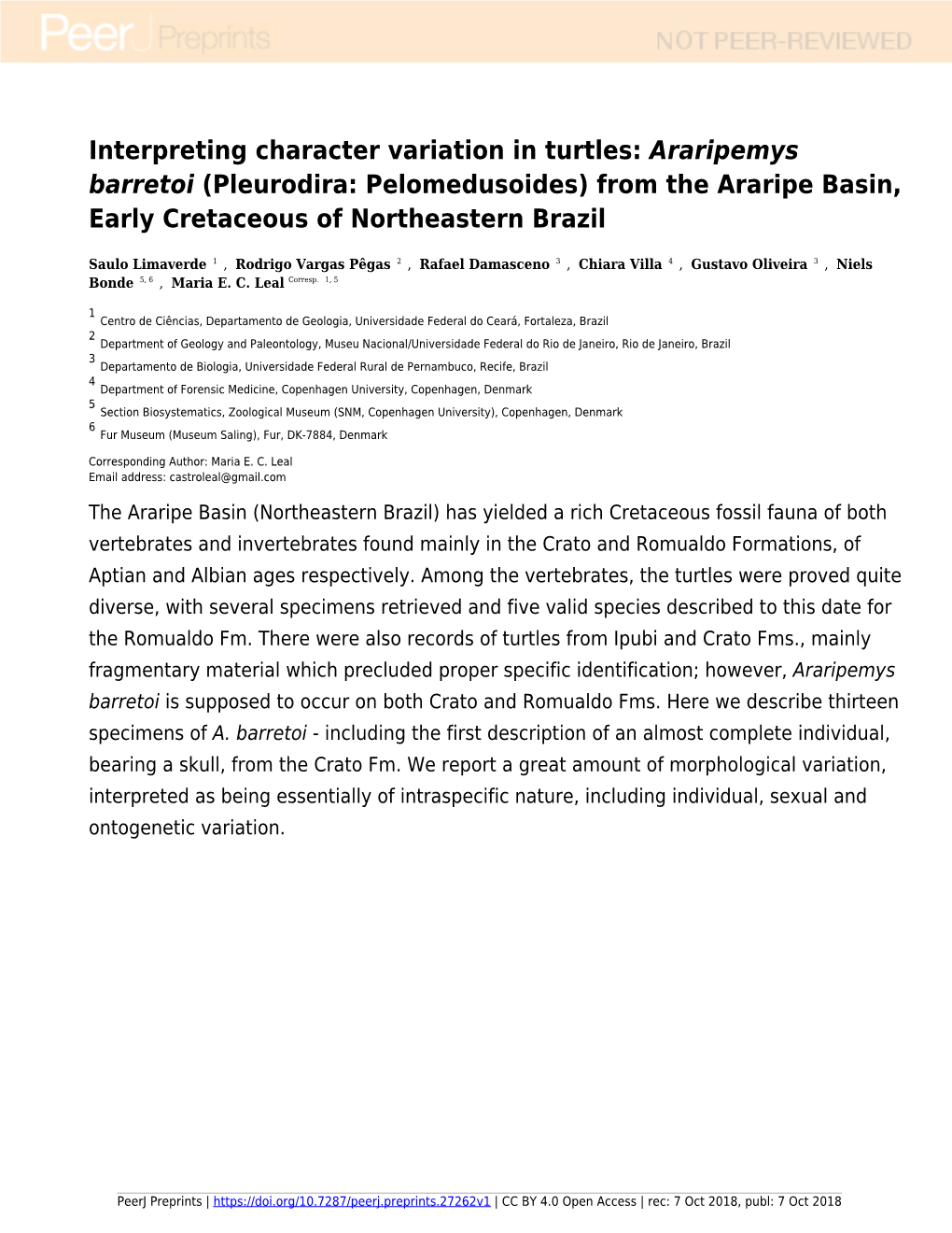 Interpreting Character Variation in Turtles: [I]Araripemys Barretoi [I](Pleurodira: Pelomedusoides) from the Araripe Basin, Earl