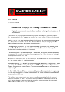 Unions Back Campaign for a Strong Black Voice in Labour