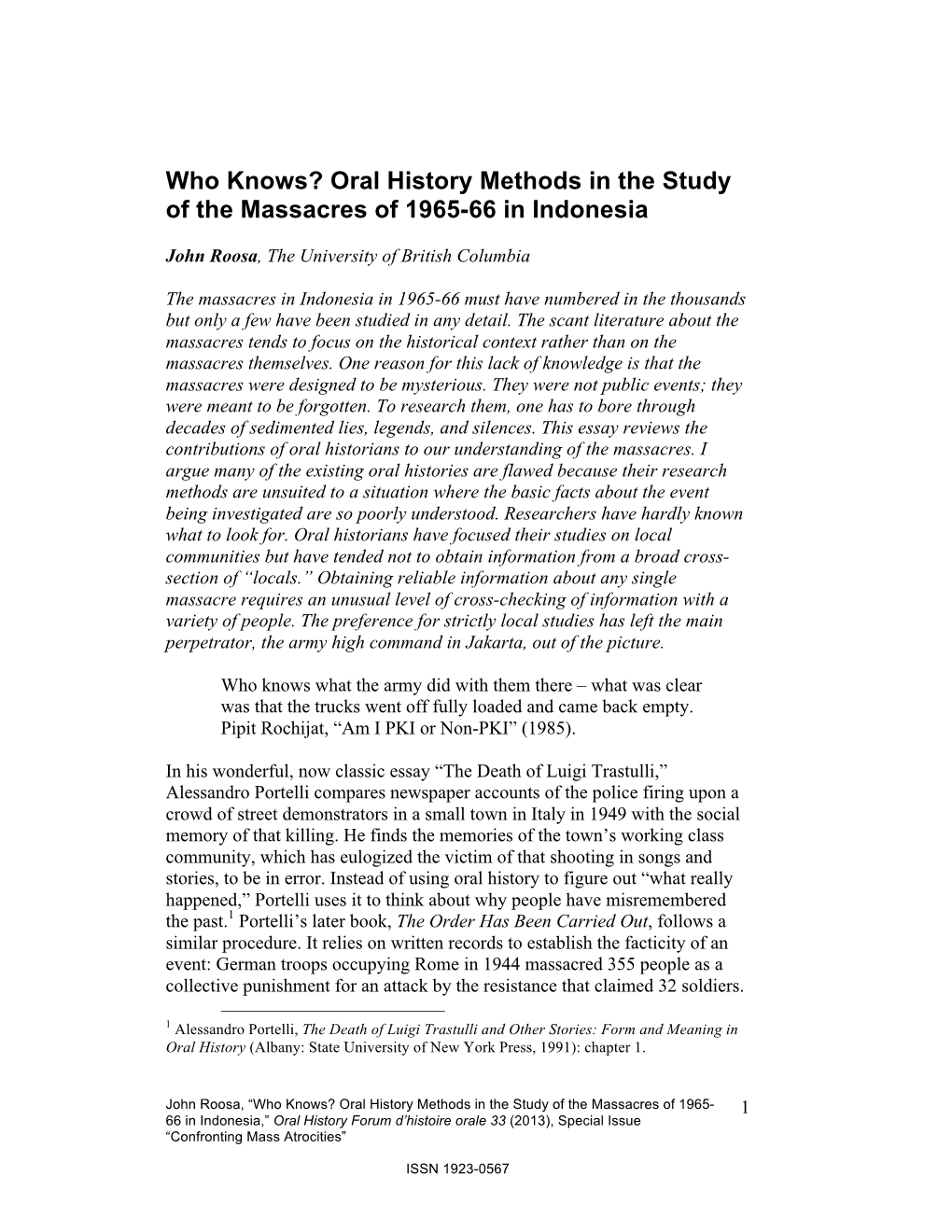 Oral History Methods in the Study of the Massacres of 1965-66 in Indonesia