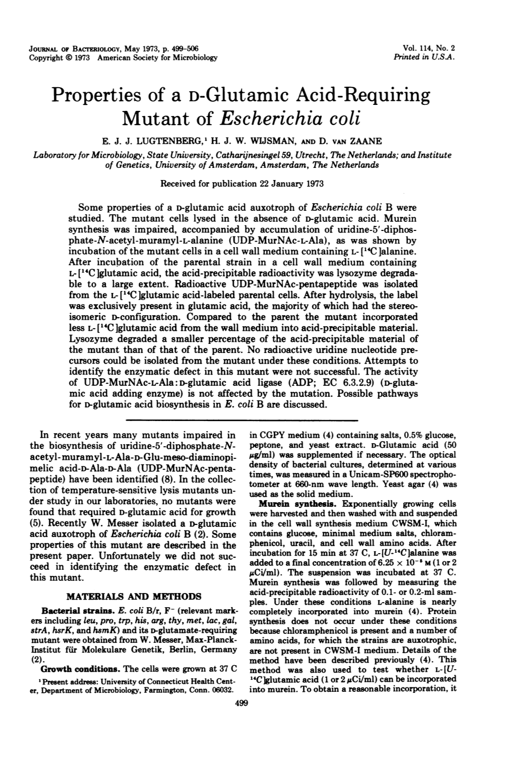 Properties of a D-Glutamic Acid-Requiring Mutant of Escherichia Coli E