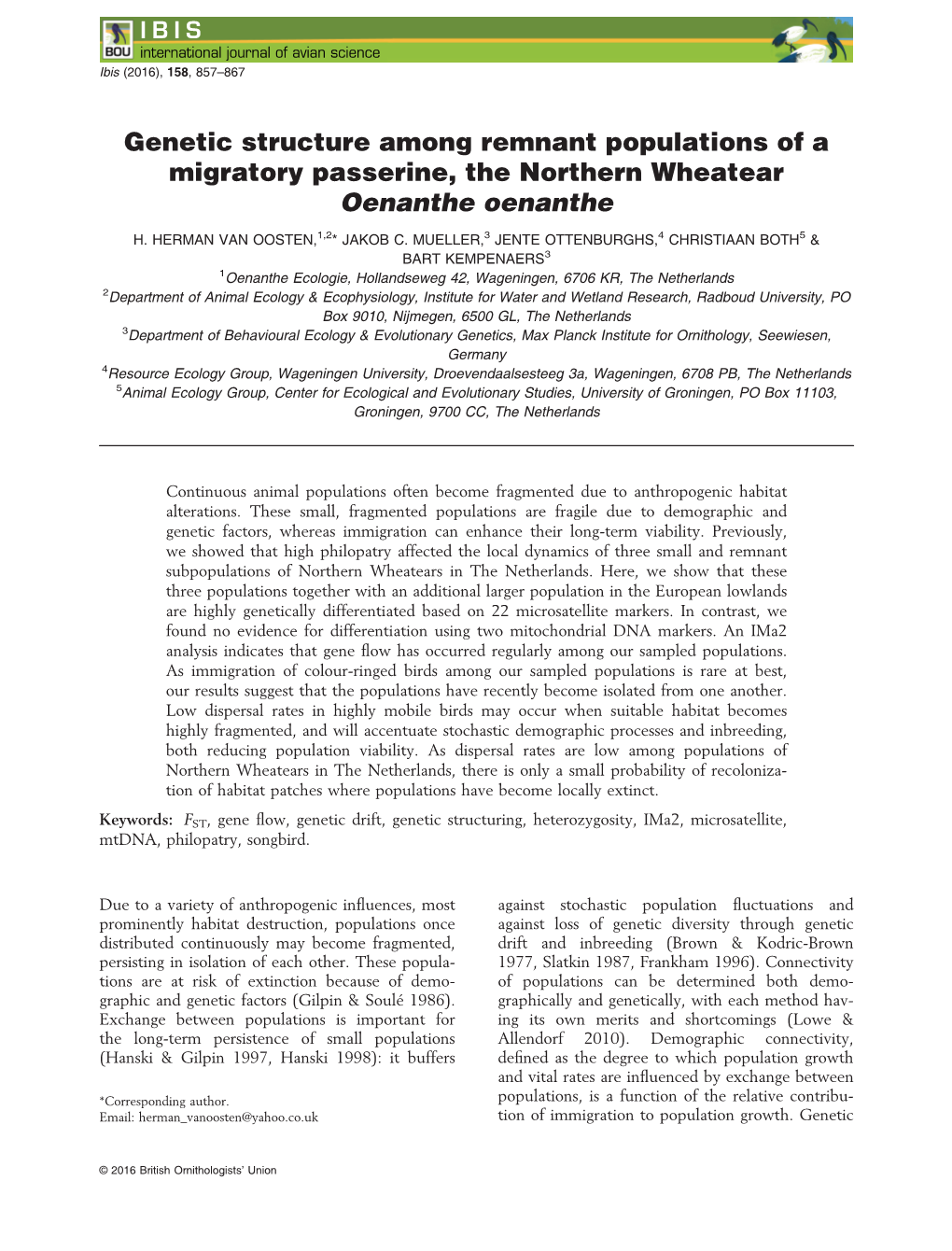 Genetic Structure Among Remnant Populations of a Migratory Passerine, the Northern Wheatear Oenanthe Oenanthe